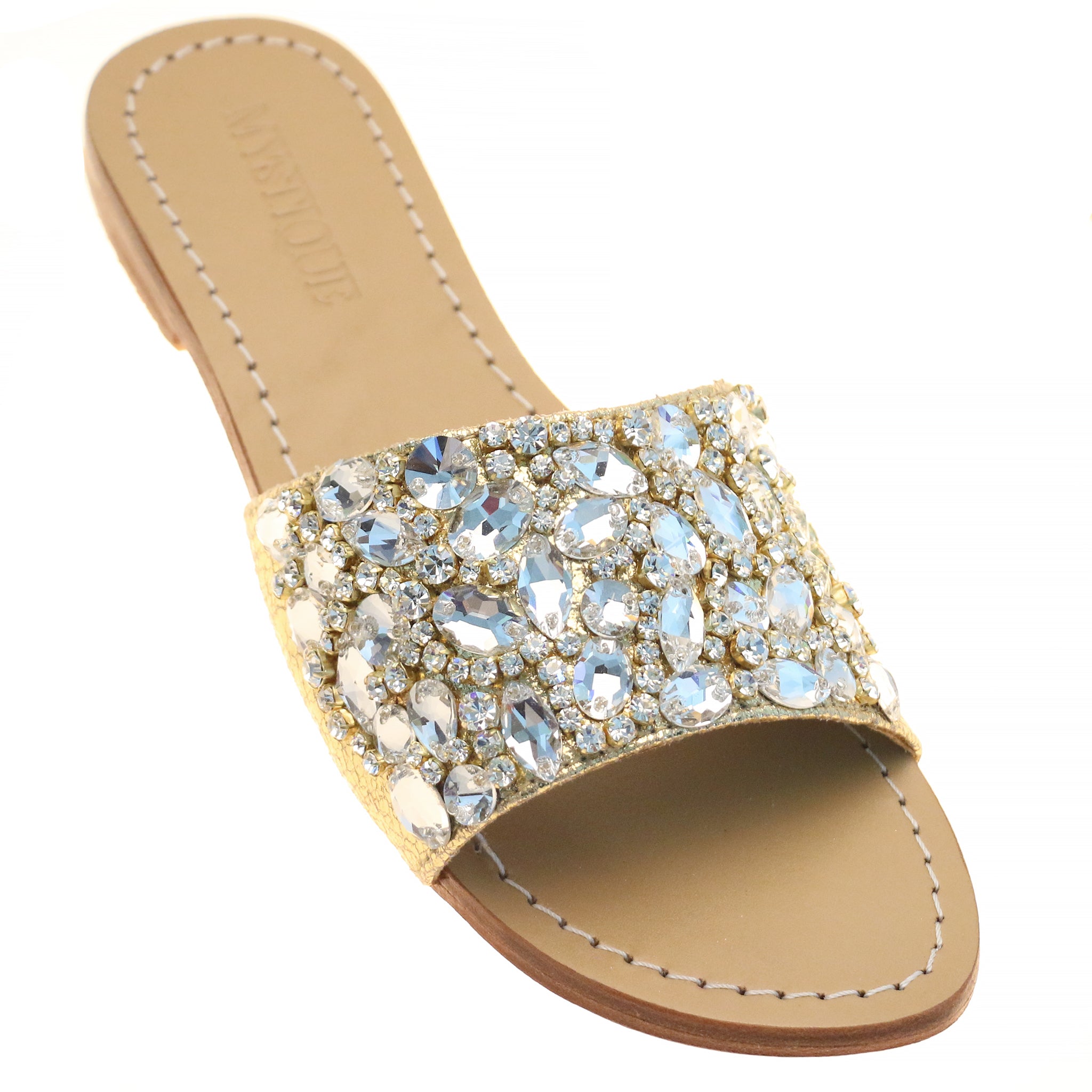 Cannes Women's Gold Leather Jeweled Slide Sandals Mystique Sandals