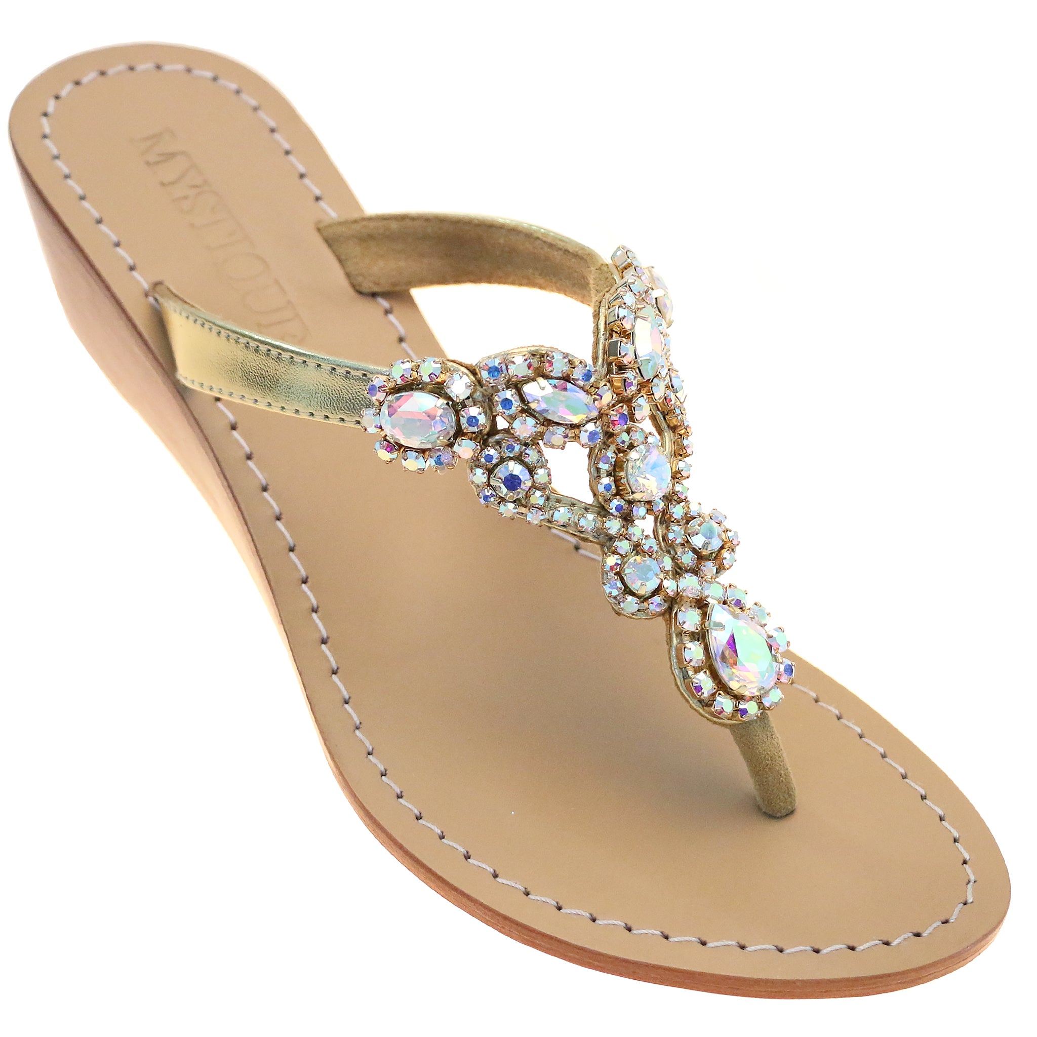 Messina- Women's Gold Jeweled Wedge Sandals | Mystique Sandals