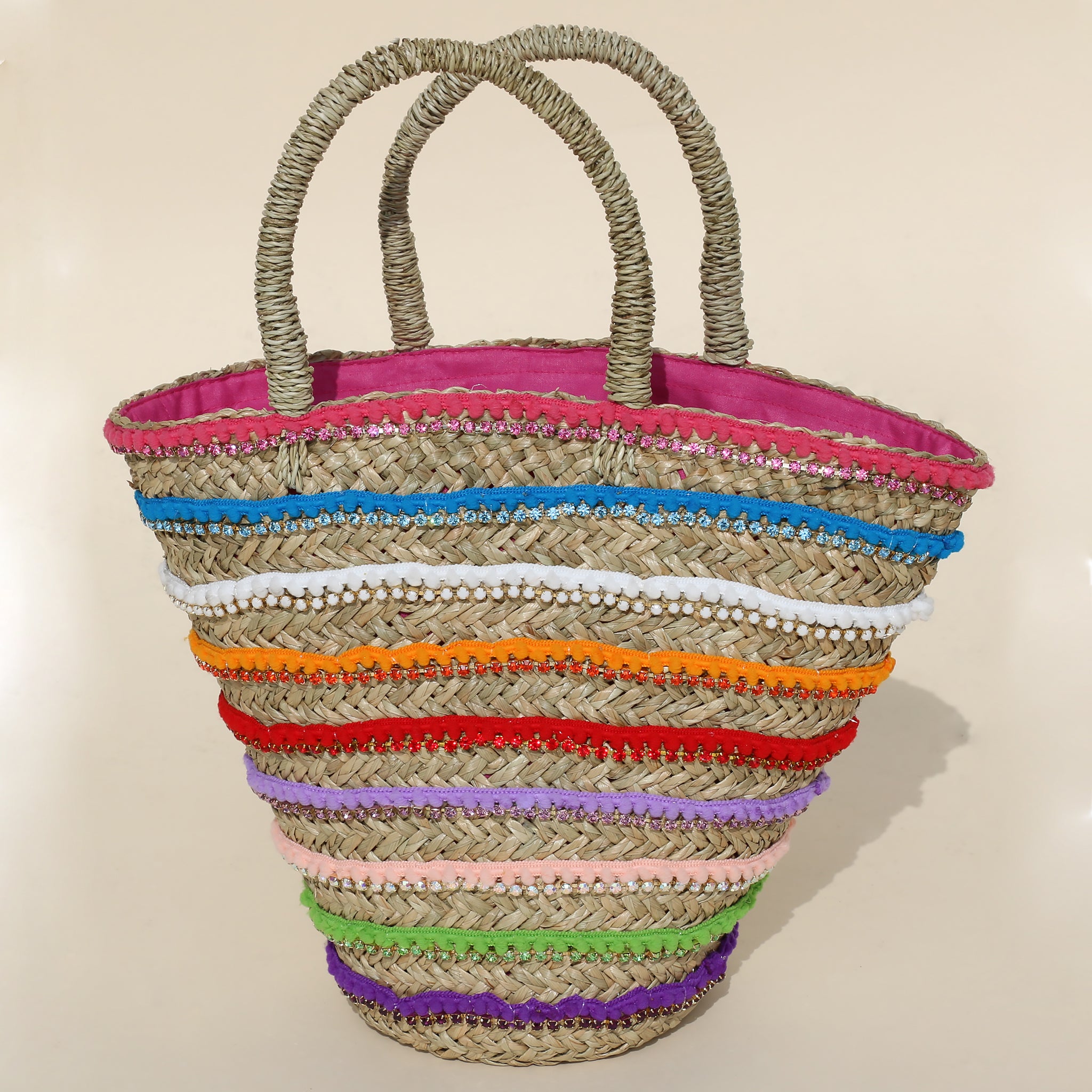 Bergen Women s Pom Pom Straw Woven Tote Bag Mystique Sandals