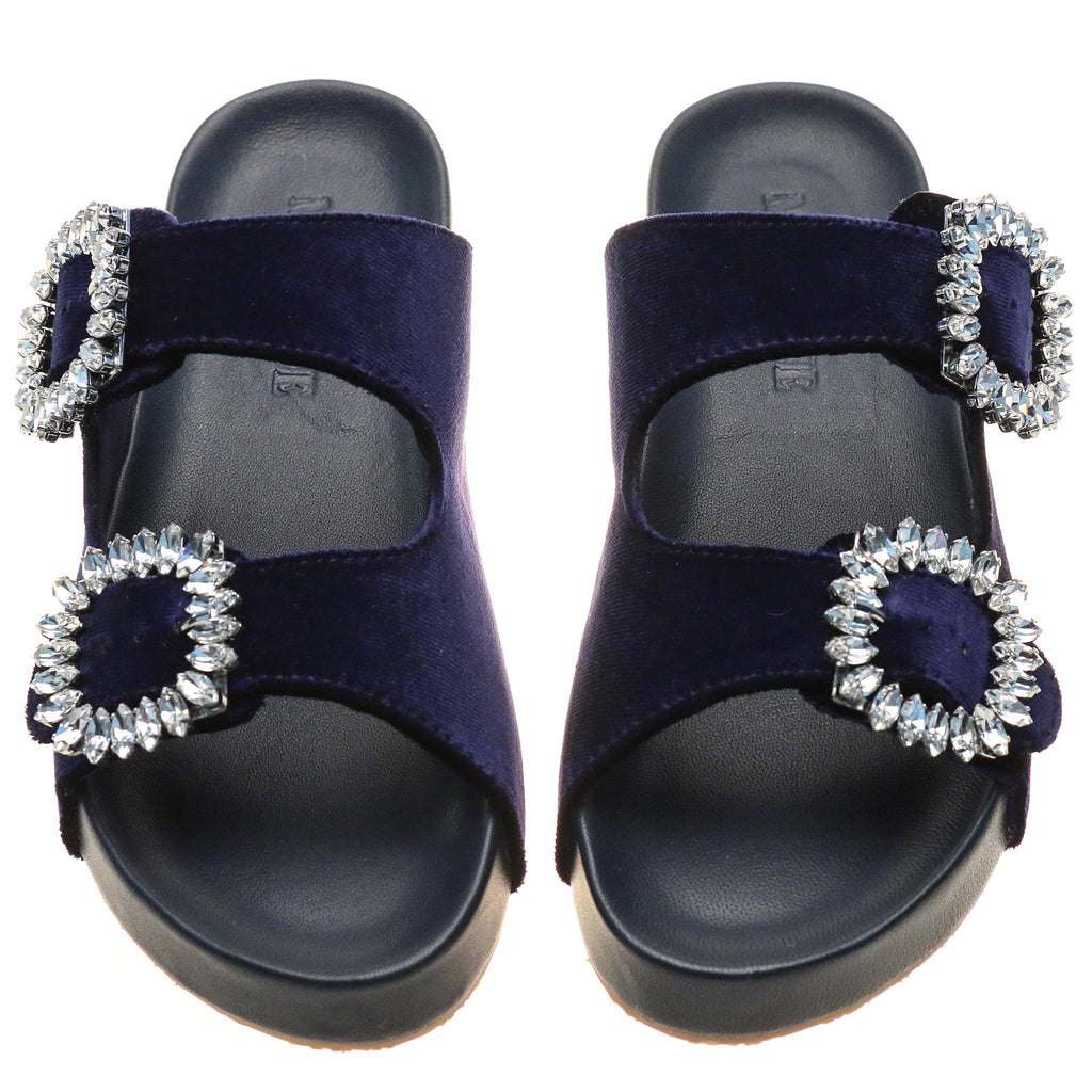 Detroit - Women's Navy Velvet Diamonte Slide Sandals | Mystique Sandals