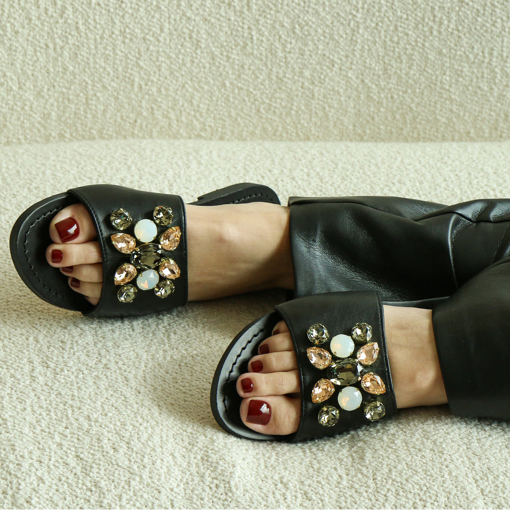 Kentucky Women's Black Jeweled Flat Sandals Mystique Sandals