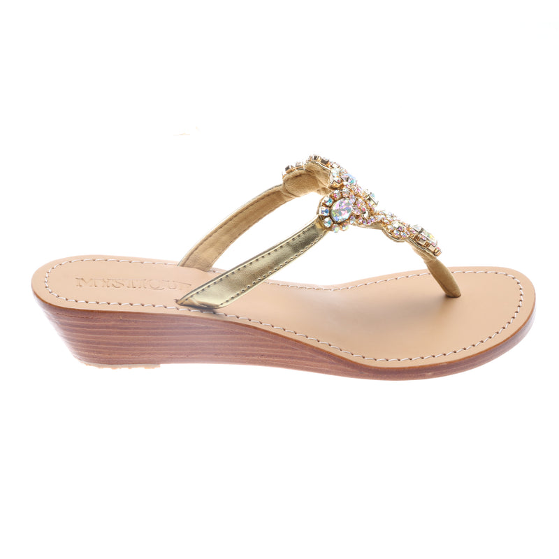 Messina- Women's Gold Jeweled Wedge Sandals | Mystique Sandals