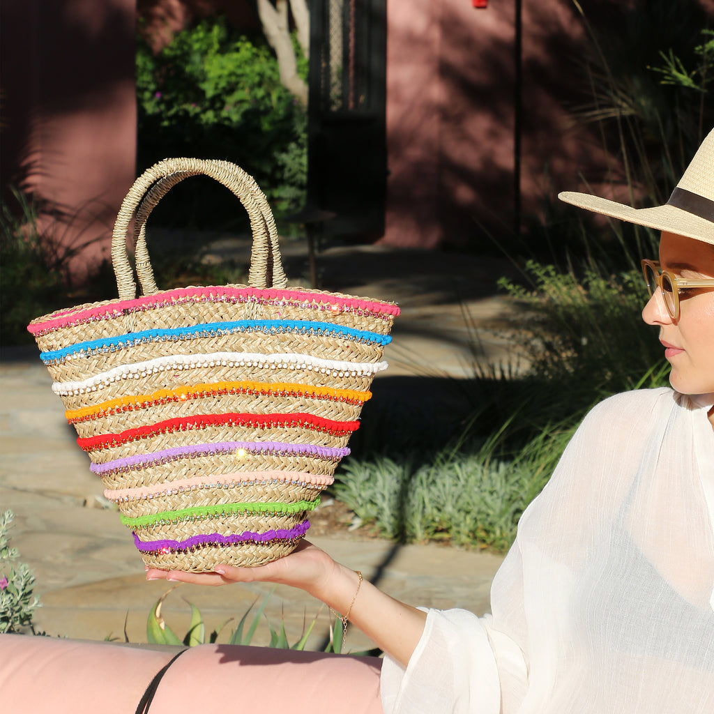 Bergen Women s Pom Pom Straw Woven Tote Bag Mystique Sandals