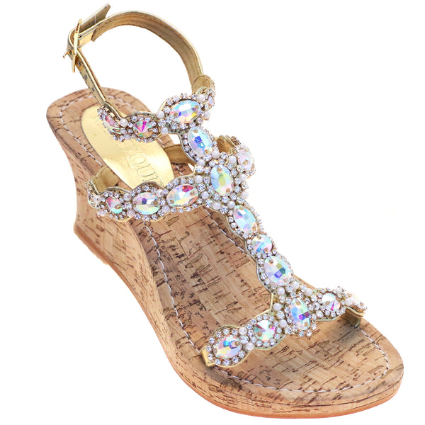 Amazon.com | JOYBI Women Wedge High Heel Dress Shoes Wedding Party Comfort  Rhinestone Crystal Buckle Strap Open Toe Sandals Gold | Heeled Sandals