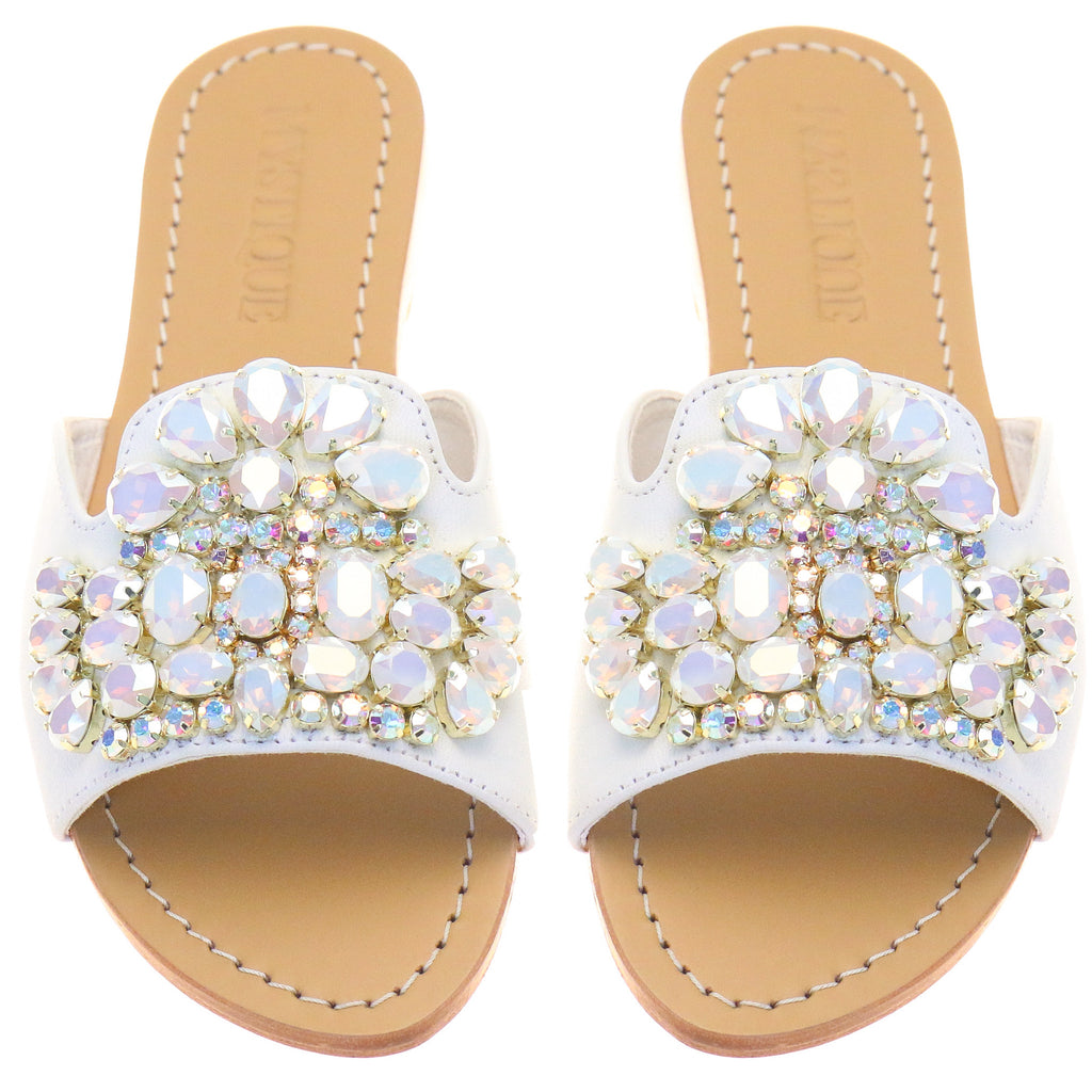 Camden- Women's White Jeweled Slide Sandals | Mystique Sandals