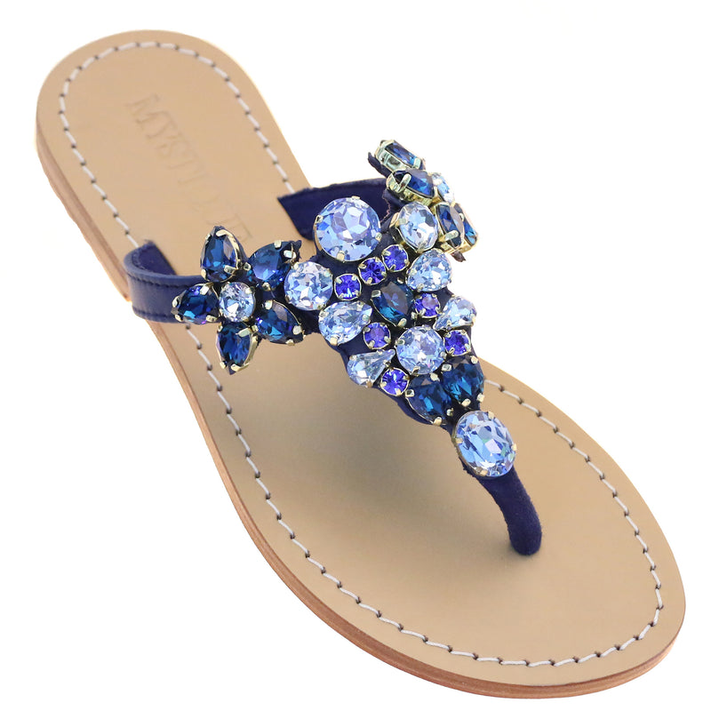 Marbella - Women's Blue Jeweled Leather Sandals | Mystique Sandals