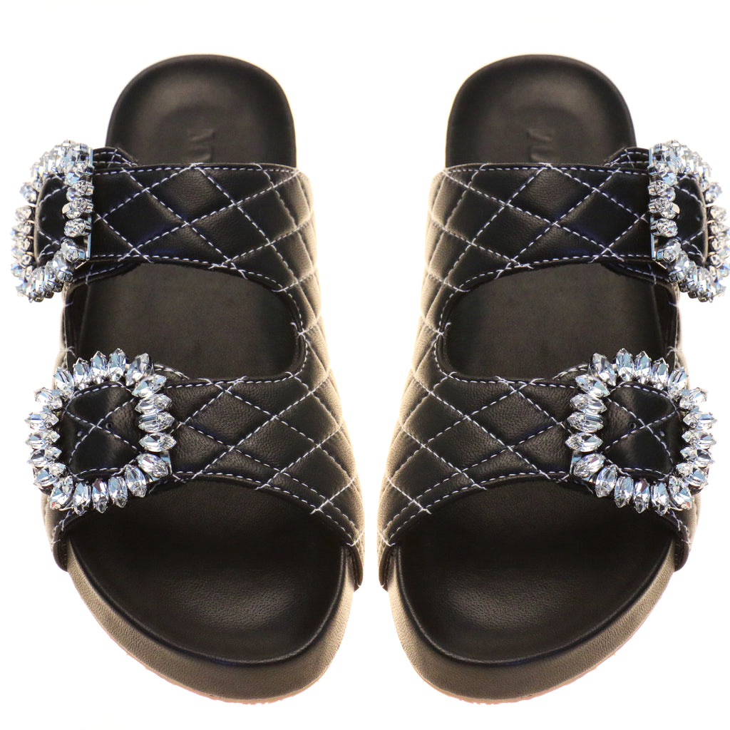 Munich - Women's Black and White Gemstone Buckle Padded Sandals ...
